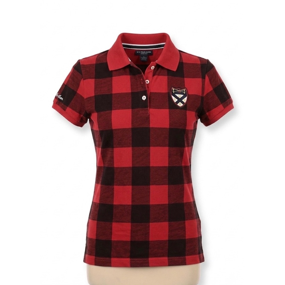U.S.‎ Polo Assn. Red Black Buffalo Plaid Polo Shirt Womens Large Y2K Preppy
